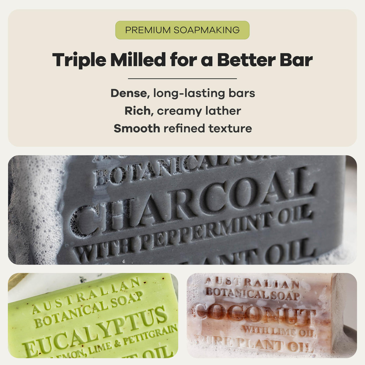 Australian Botanical Soap activated charcoal bar detail highlighting deep-cleaning boost