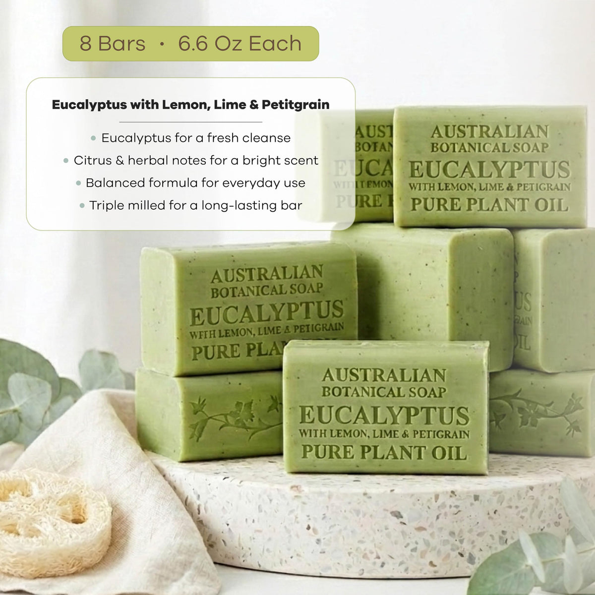 Close-up of Australian Botanical Soap surface texture showing fine lemon myrtle exfoliant for smoother skin