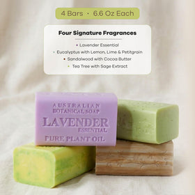 Australian Botanical Soap four bars arranged to show Eucalyptus Sandalwood Lavender Tea Tree