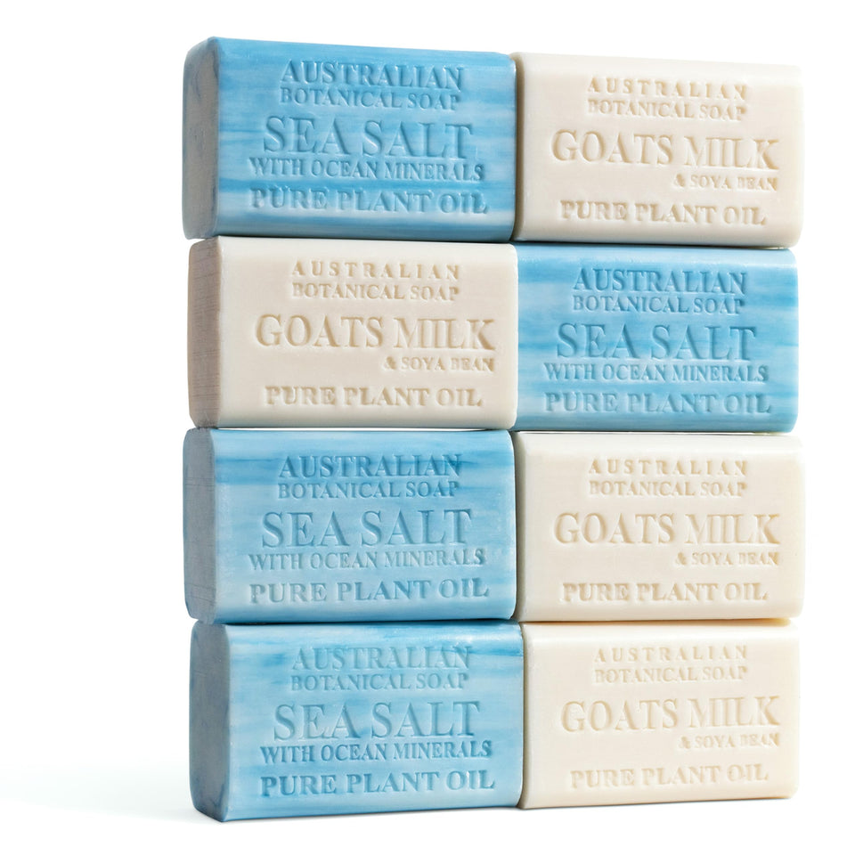 Australian Botanical Soap front packaging duo shows both bar varieties and brand benefit