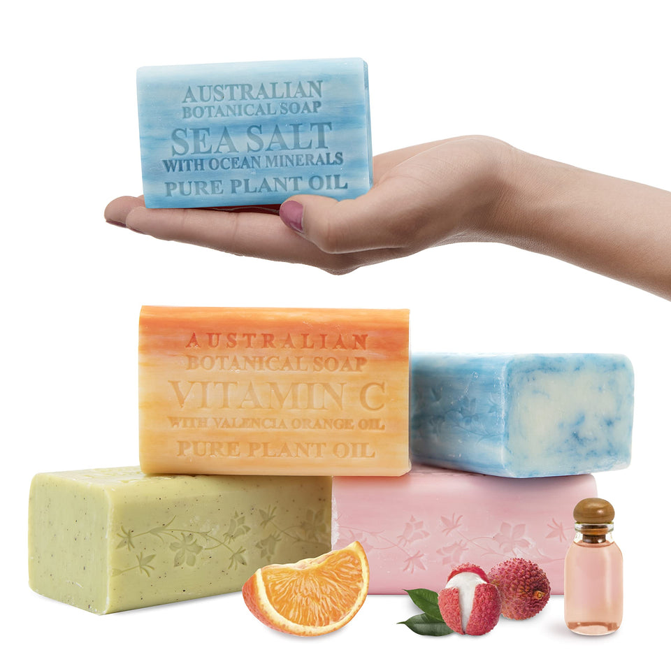 Australian Botanical Soap front packaging showing four vegan bars for convenient variety