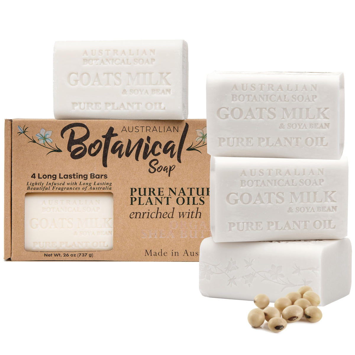 Australian Botanical Soap front packaging showing four bars and brand benefit
