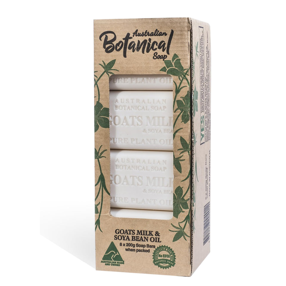 Australian Botanical Soap front packaging showing pack of eight and product benefit