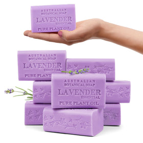 Australian Botanical Soap front packaging showing pack of eight and brand name benefits