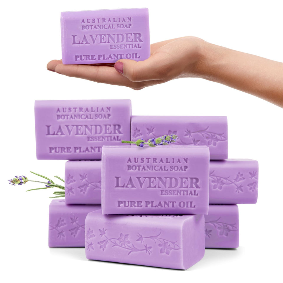Australian Botanical Soap front packaging showing pack of eight and brand name benefits