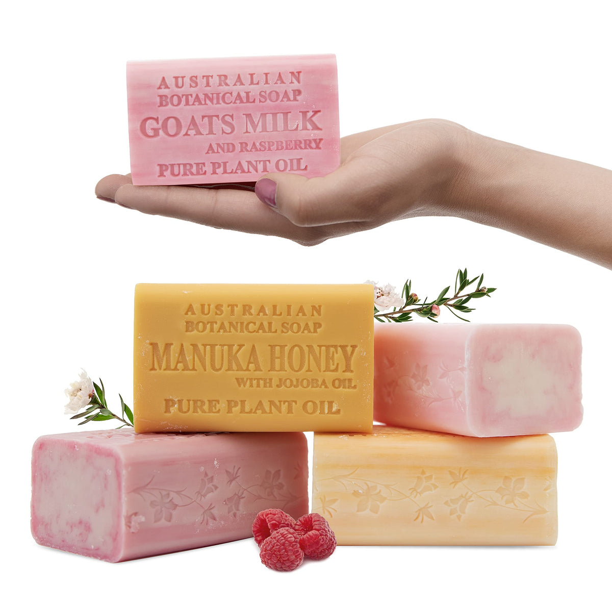 Australian Botanical Soap front packaging showing four-bar variety and benefits