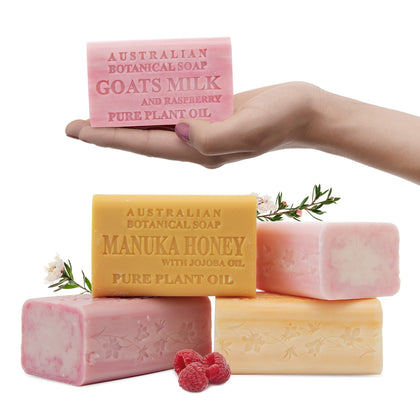 Australian Botanical Soap front packaging showing four-bar variety and benefits