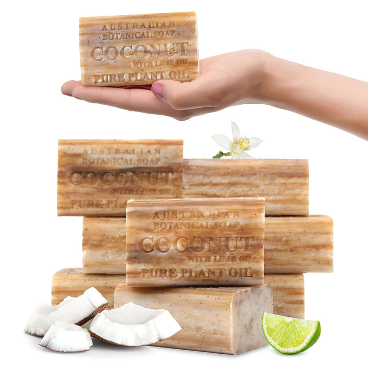 Australian Botanical Soap front packaging showing pack of eight and benefits