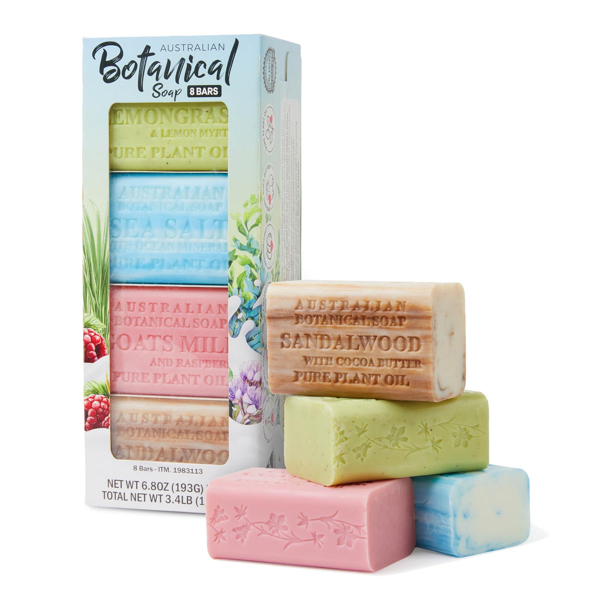 Australian Botanical Soap front packaging showing 8-bar variety set and easy storage