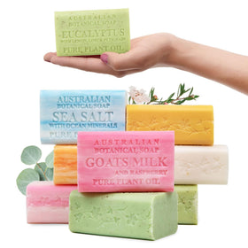 Australian Botanical Soap front packaging showing eight extra-large bars for variety
