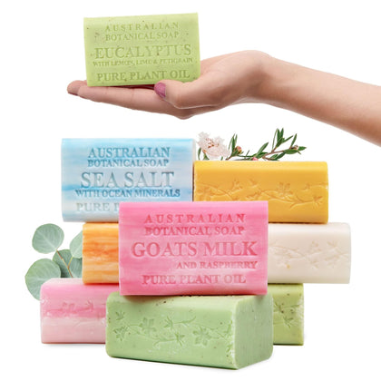 Australian Botanical Soap front packaging showing eight extra-large bars for variety