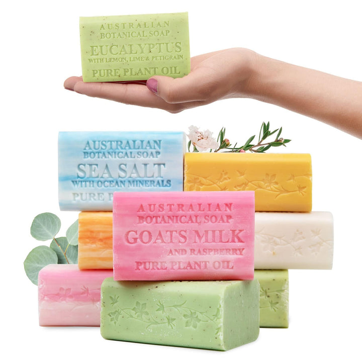 Australian Botanical Soap front packaging showing eight extra-large bars for variety