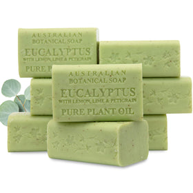 Australian Botanical Soap front packaging showing eight eucalyptus citrus bars for long-lasting use