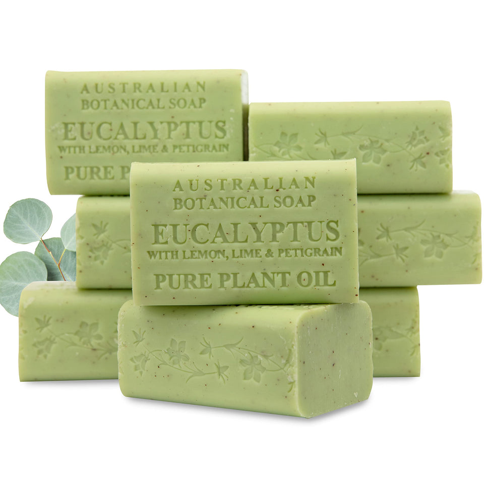 Australian Botanical Soap front packaging showing eight eucalyptus citrus bars for long-lasting use
