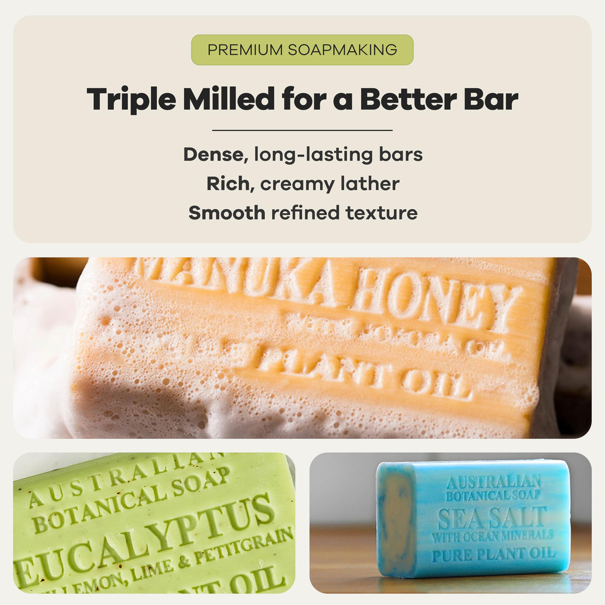 Australian Botanical Soap ingredients label highlighting plant oils and shea butter benefits