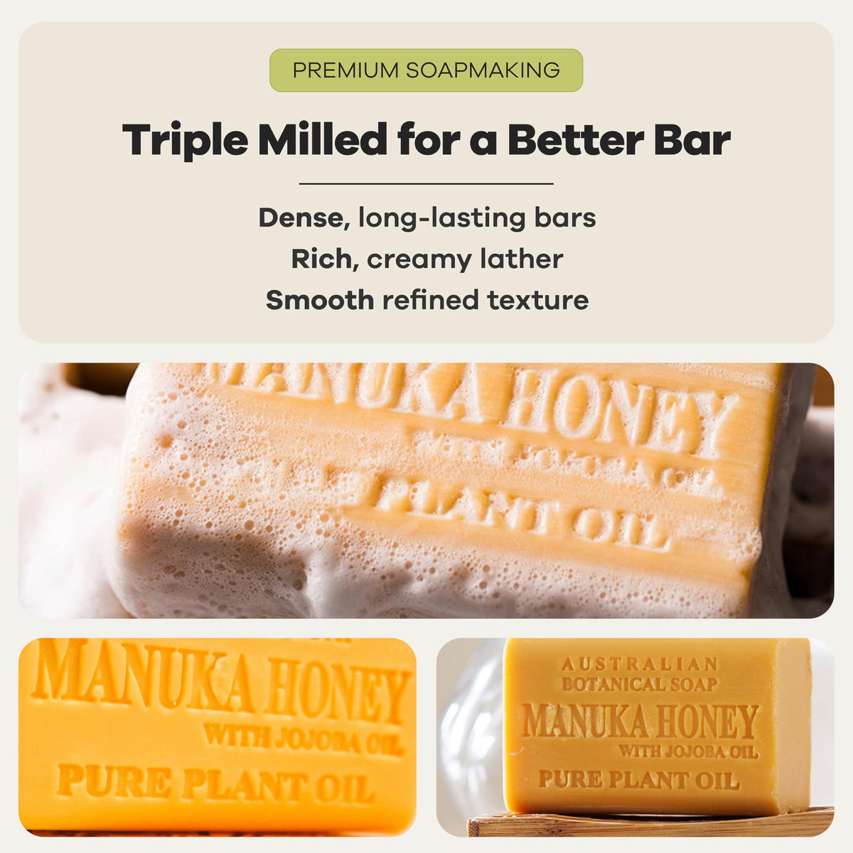 Australian Botanical Soap ingredients display of manuka honey jojoba shea