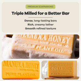 Australian Botanical Soap ingredients display of manuka honey jojoba shea