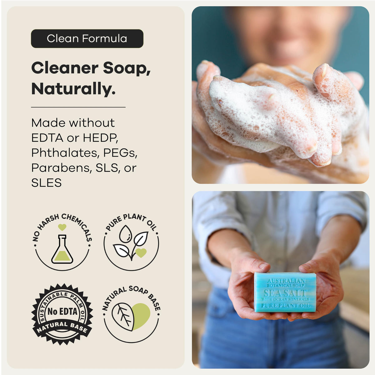 Australian Botanical Soap key ingredients displayed: shea butter and Camargue sea salt, natural benefit