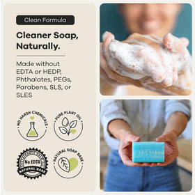 Australian Botanical Soap key ingredients displayed: shea butter and Camargue sea salt, natural benefit