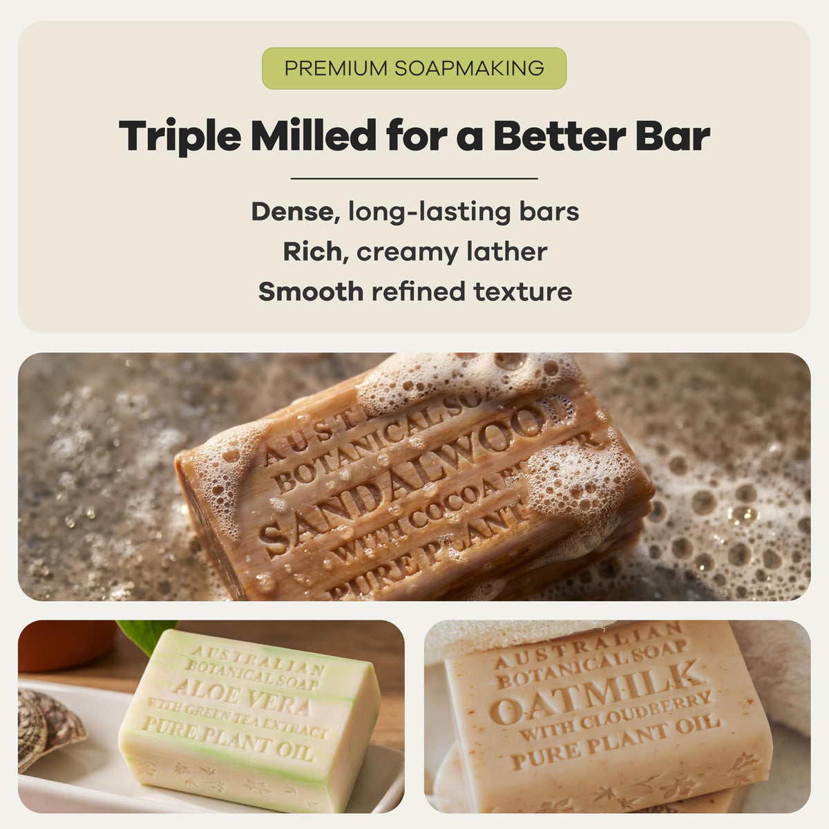 Australian Botanical Soap label and ingredient list emphasizing plant-based sourcing
