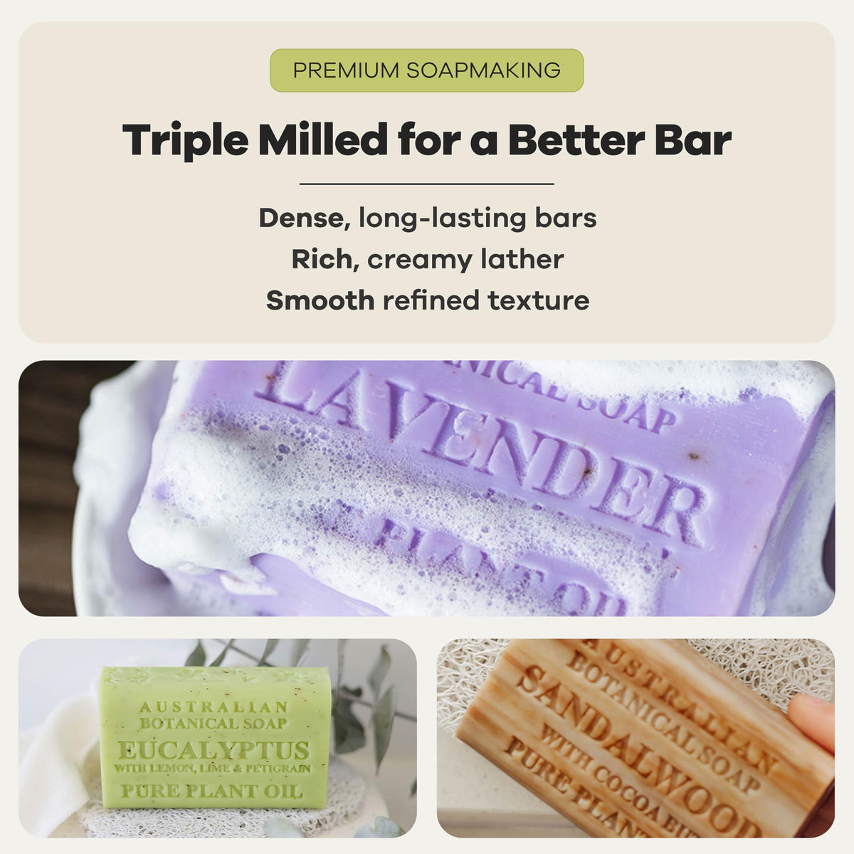 Australian Botanical Soap label and ingredient list emphasizing plant-based sourcing