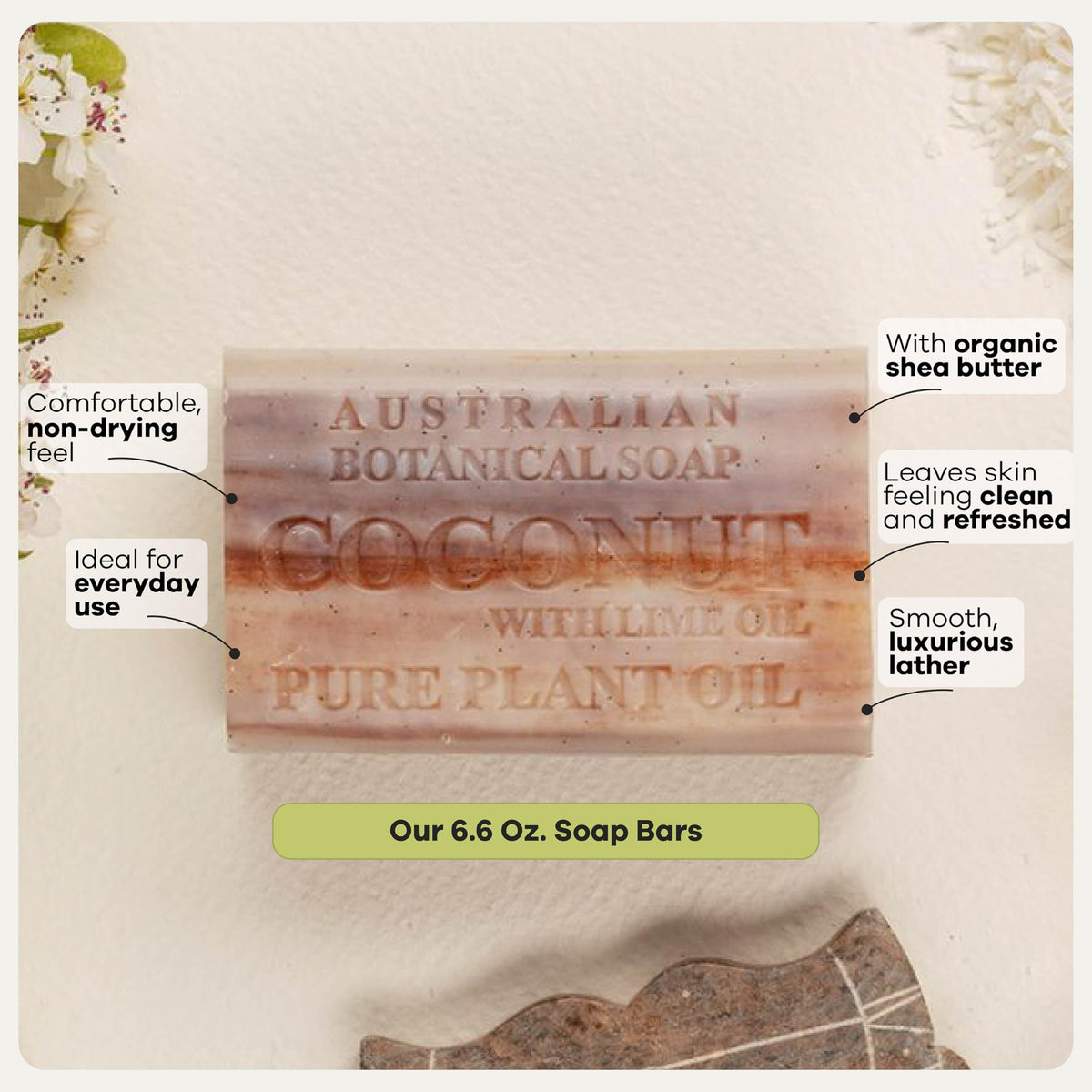 Australian Botanical Soap label close-up showing ingredient list and transparency benefit