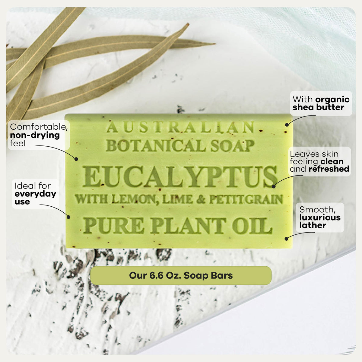 Australian Botanical Soap ingredient label close-up showing plant oils and organic shea butter benefits