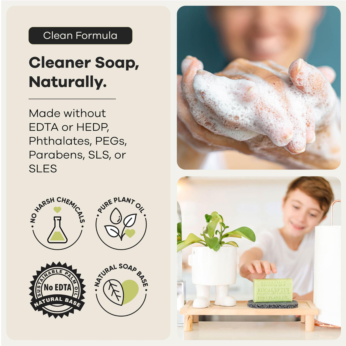 Australian Botanical Soap rich lather in hand demonstrating gentle cleansing