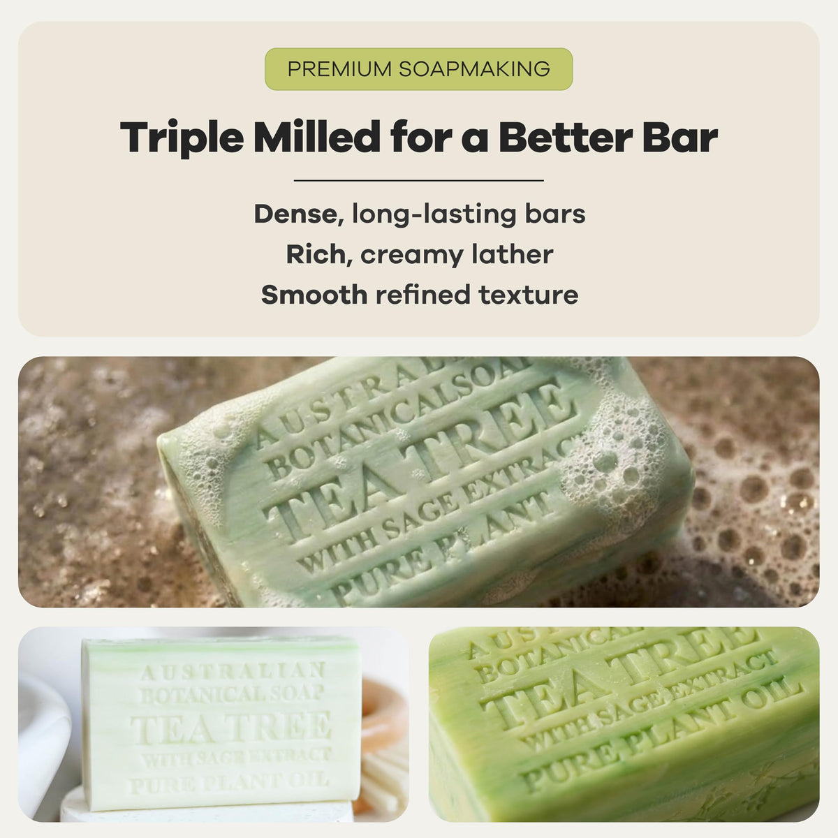 Australian Botanical Soap rich lather in hand demonstrating creamy foam and easy cleansing performance