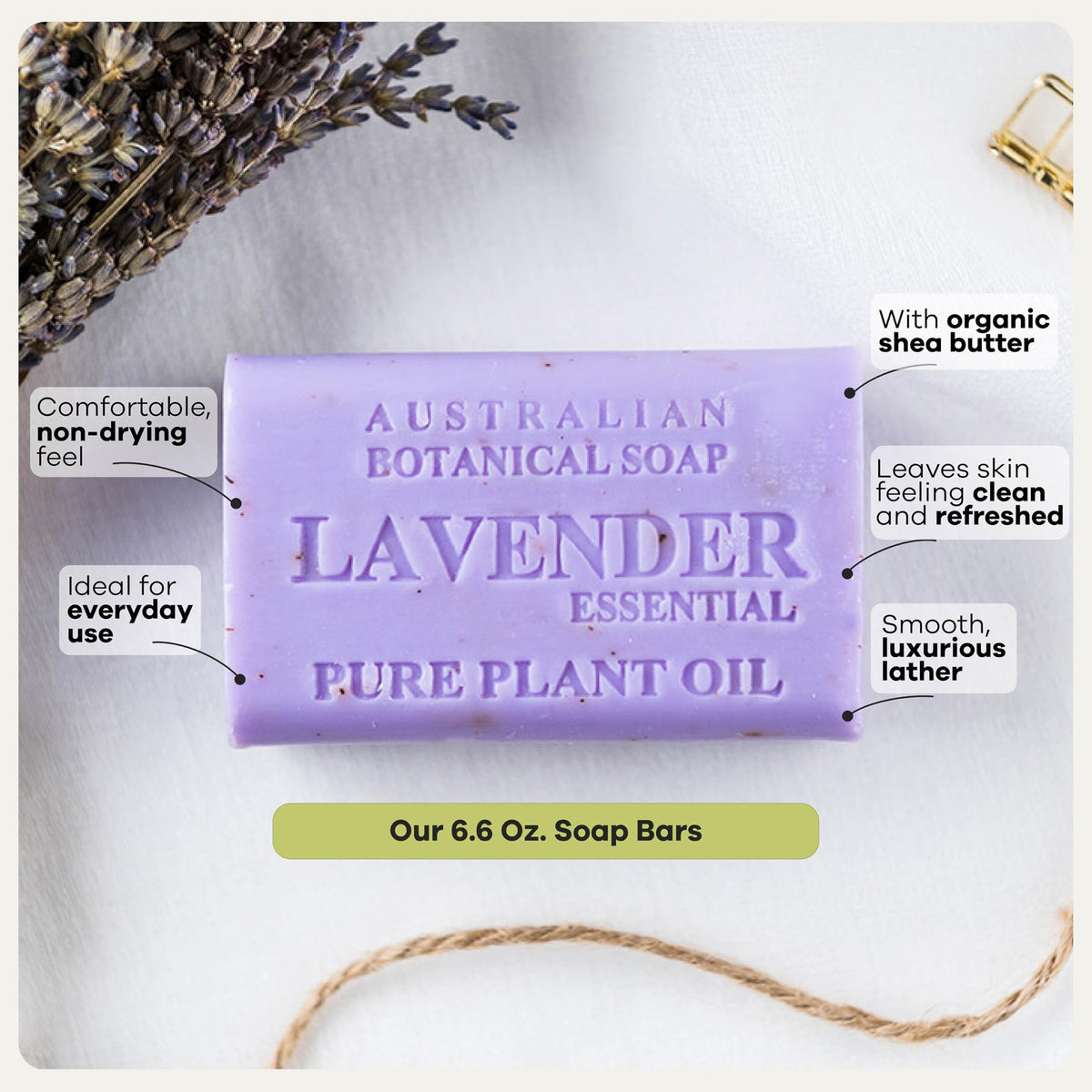 Australian Botanical Soap lavender essential oil bottle detail suggesting calming scent