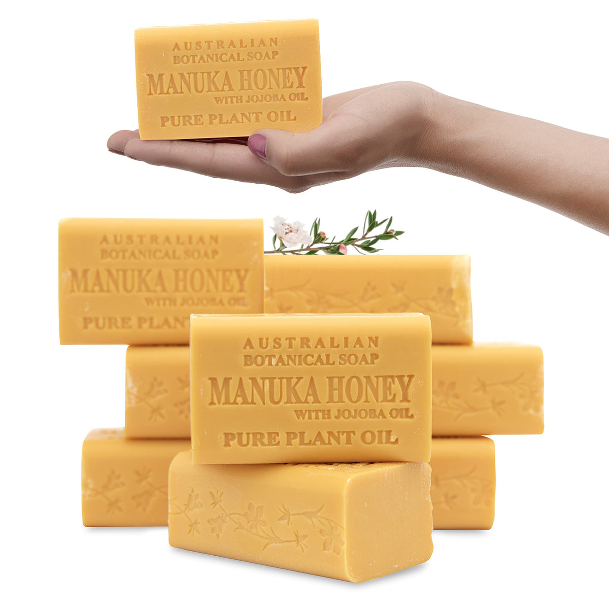 Australian Botanical Soap front pack showing eight manuka bars and benefits