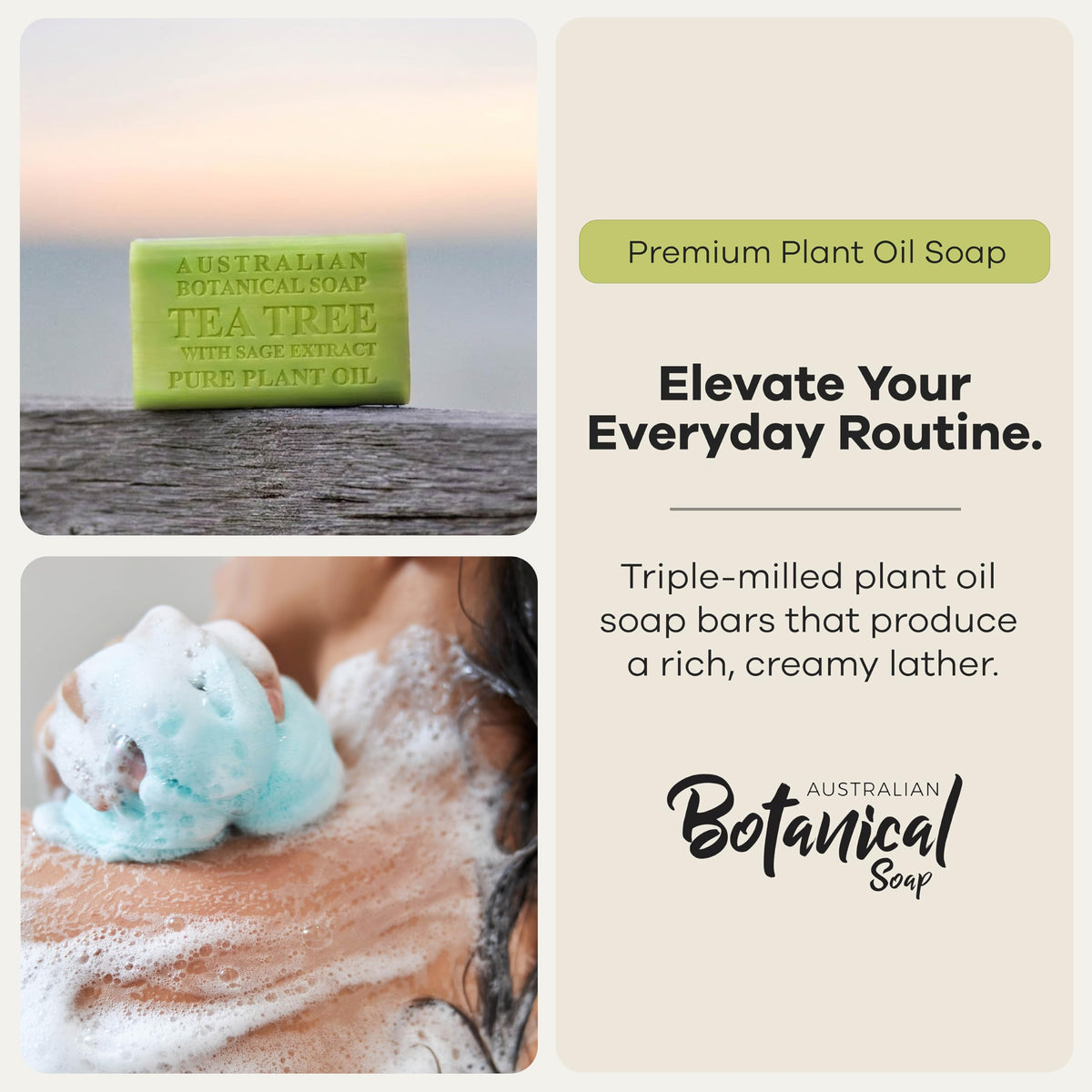 Australian Botanical Soap single 6.6 oz bar angled to show shape and durable triple-milled finish