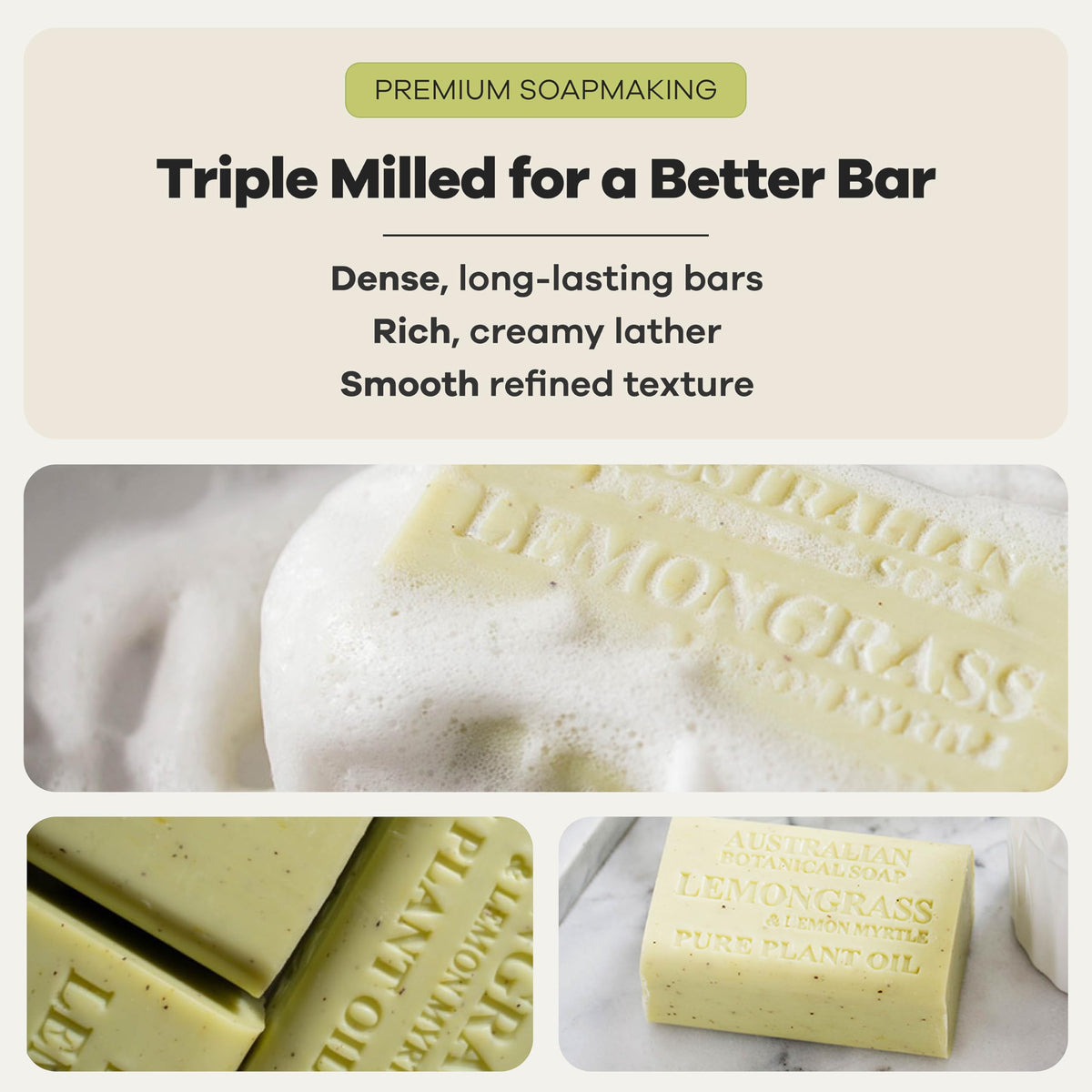 Australian Botanical Soap next to ruler showing 6.6 oz size and substantial bar lasting more washes