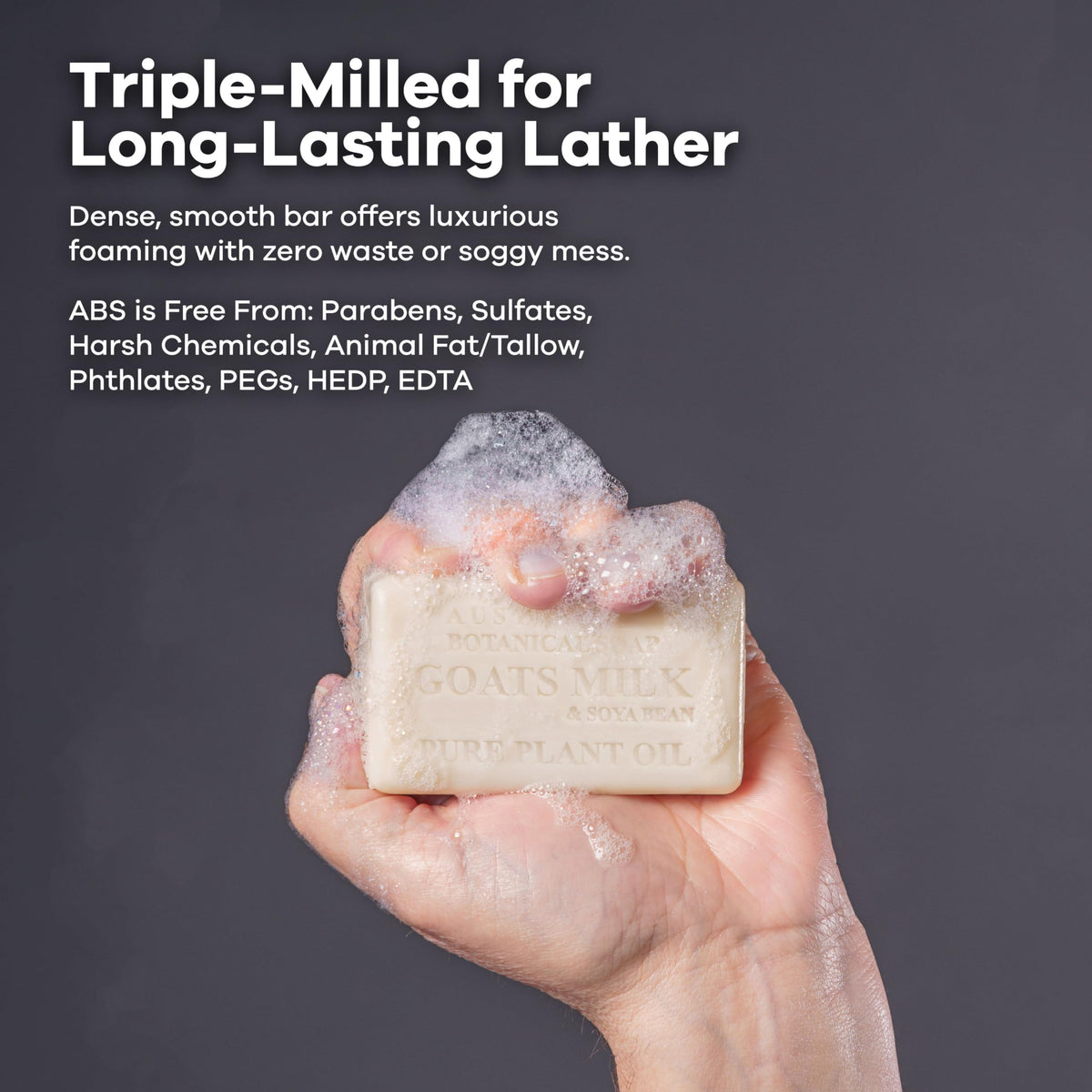 Australian Botanical soap bar in hand for scale, highlighting long-lasting size