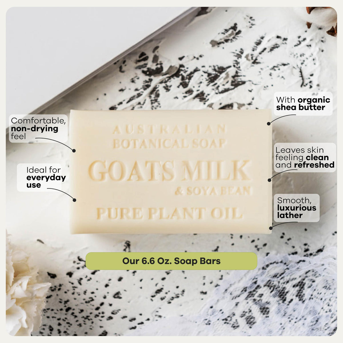 Australian Botanical Soap bar in hand showing 6.6 oz scale and durable size advantage