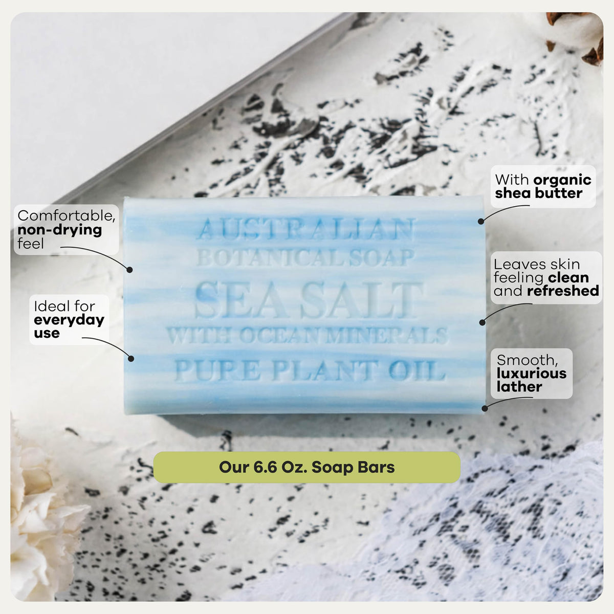 Australian Botanical Soap bar held in hand showing size and durable triple-milled weight