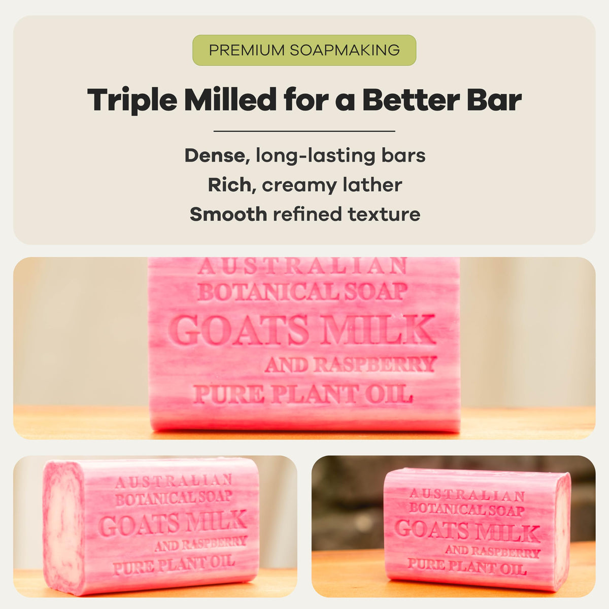 Australian Botanical soap held in hand showing 6.6 oz scale and durable size
