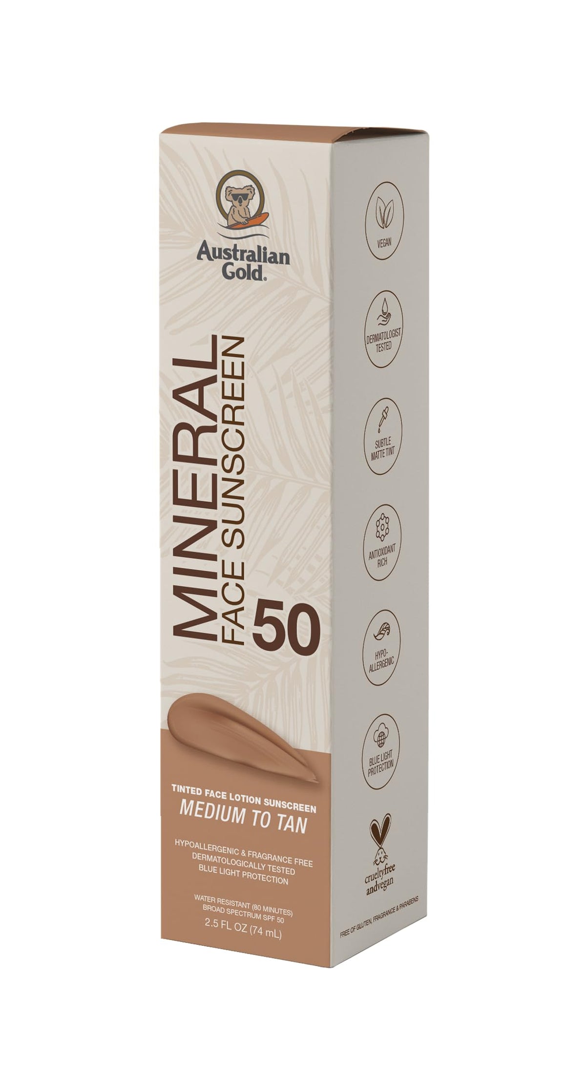 Australian Gold applied on medium-tan face demonstrating natural coverage benefit