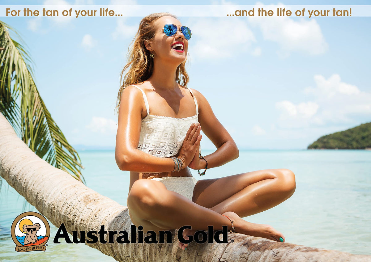 Australian Gold lifestyle image of model outdoors showing hydrated, radiant-looking skin