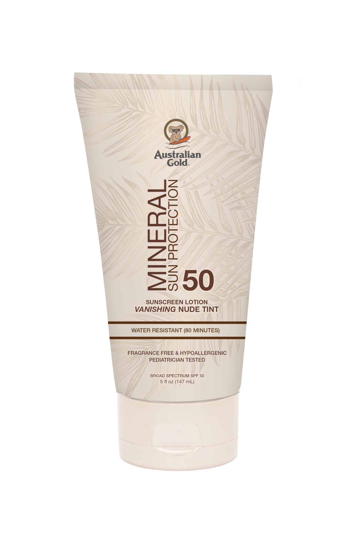 Australian Gold front packaging showing SPF 50 and tinted mineral benefits