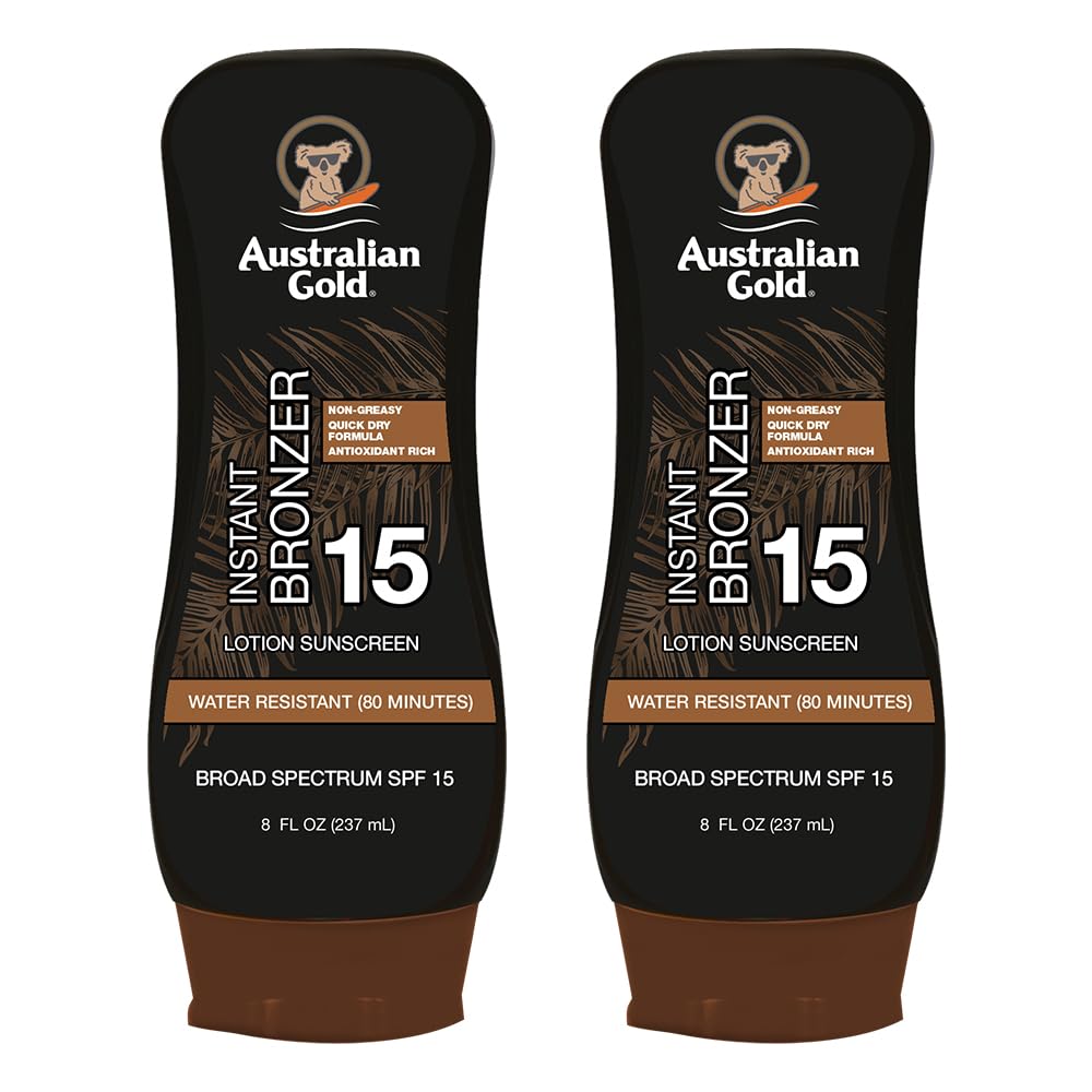 Australian Gold front packaging twin pack showing bronzer and SPF 15 benefits