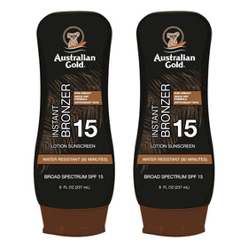 Australian Gold front packaging twin pack showing bronzer and SPF 15 benefits