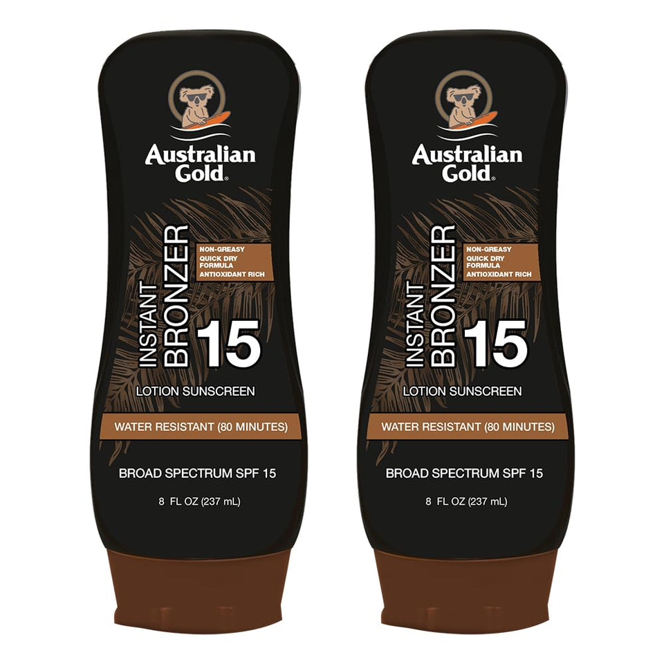 Australian Gold front packaging twin pack showing bronzer and SPF 15 benefits