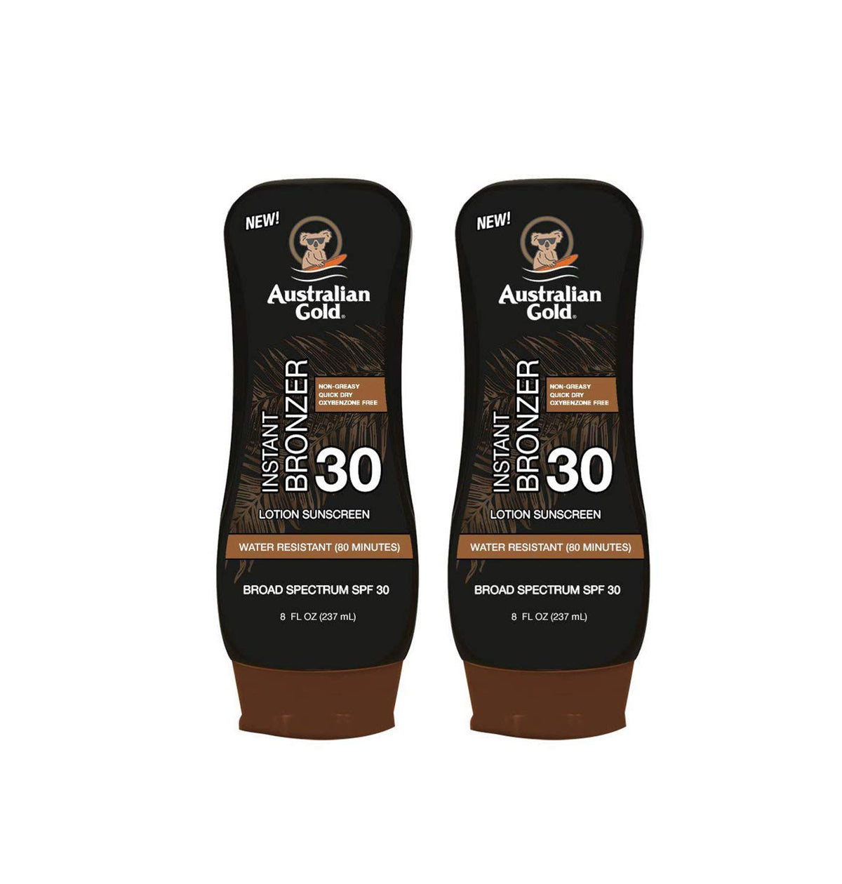 Australian Gold front packaging showing SPF 30 and instant bronzer for protected glow