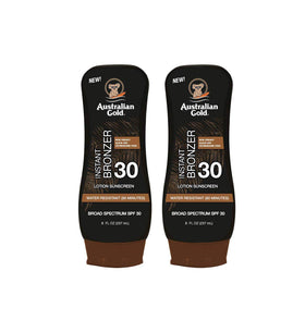 Australian Gold front packaging showing SPF 30 and instant bronzer for protected glow
