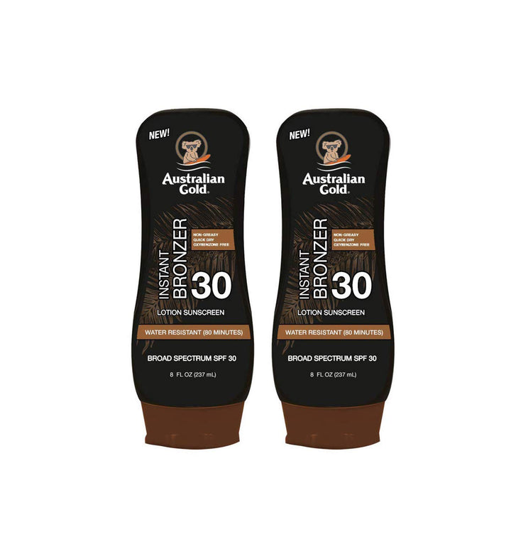 Australian Gold front packaging showing SPF 30 and instant bronzer for protected glow