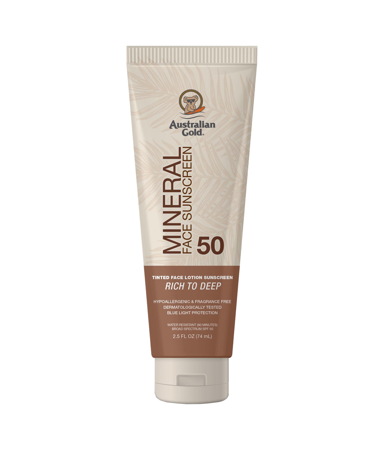 Australian Gold front packaging showing SPF 50 tinted mineral protection and convenience