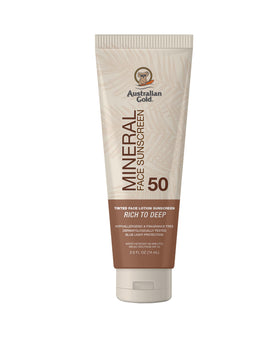 Australian Gold front packaging showing SPF 50 tinted mineral protection and convenience