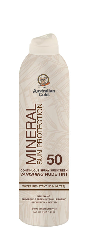 Australian Gold front packaging showing SPF 50 continuous spray and benefits