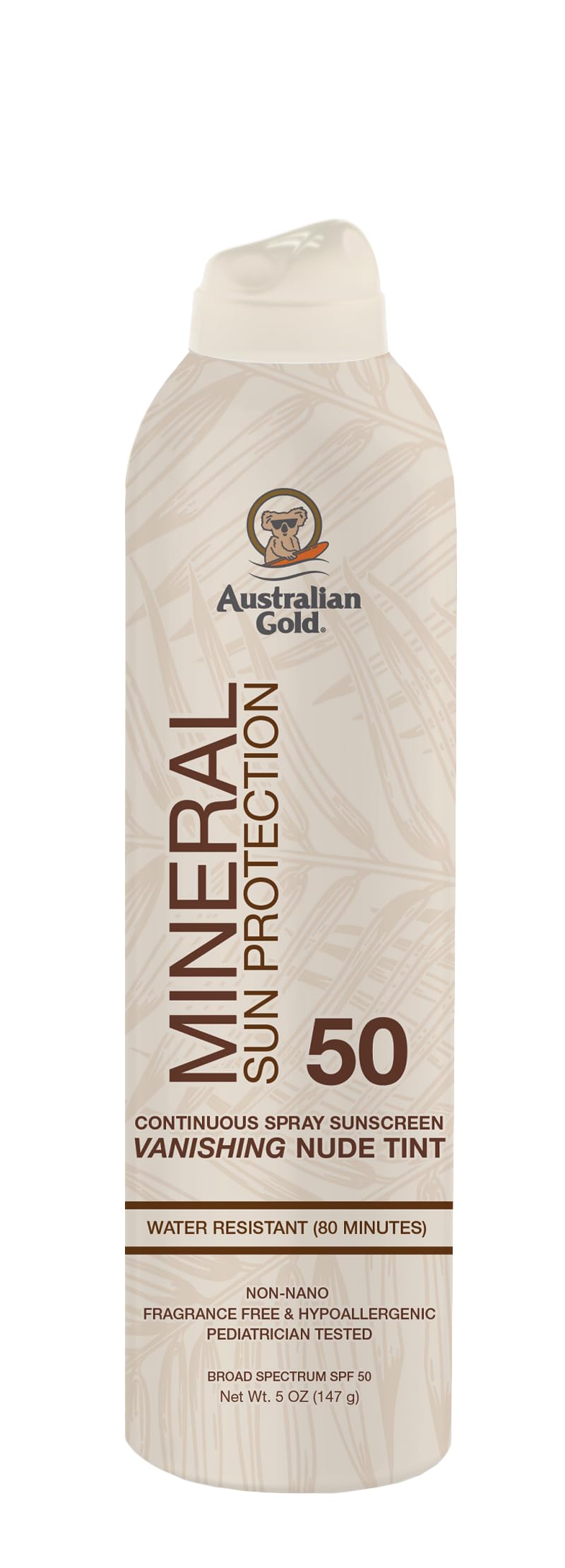Australian Gold front packaging showing SPF 50 continuous spray and benefits
